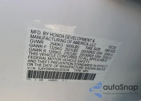 2025 Acura Mdx Technology from USA, damaged, VIN 5J8YD9H40SL003034